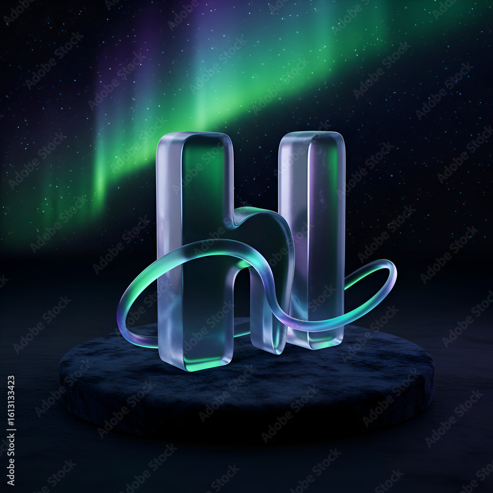 Poster transparent letter h with aurora borealis background in a 3d rendering. abstract, futuristic graphic