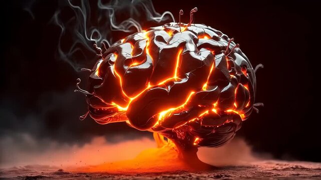 Human brain made of black glossy material is glowing with red light and surrounded by smoke. The concept of headache, artificial intelligence.