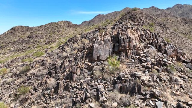 Aerial view of the rocky terrain of SanTan Mountain, Pinal County, South of Queen Creek, Arizona, showcasing the arid landscape, SanTan Mountain, Arizona.