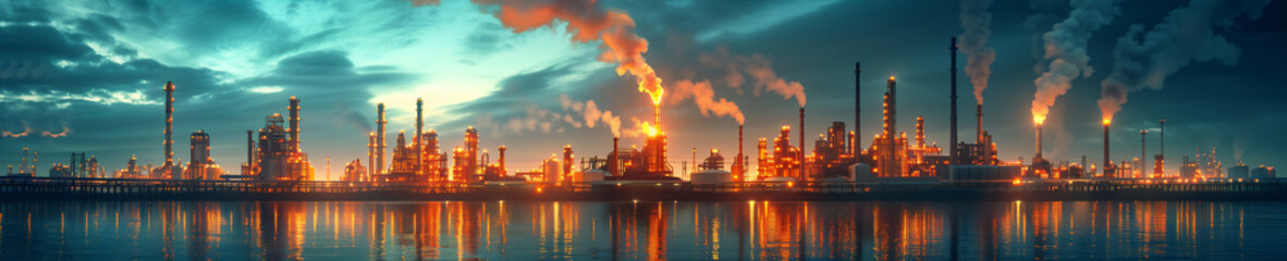 industrial oil refinery at night, with smokestacks, flares, and reflections over calm water. Generative ai raster illustration. Wide banner image