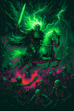 Dark fantasy digital illustration of a flaming death knight riding a spectral horse, wielding a glowing green sword above a horde of undead skeletons.