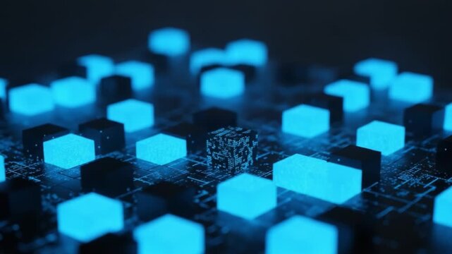 A digital landscape of glowing blue and black cubes interspersed across a dark, circuit-like background, symbolizing connectivity and technological innovation.