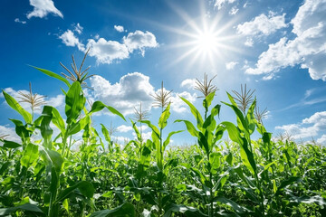 Bright sunshine illuminates tall corn plants on a vibrant farm during a sunny day in a rural landscape