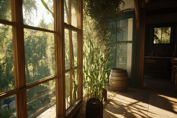 Sunlight streaming through farm windows highlighting tall corn plants in a rustic interior space