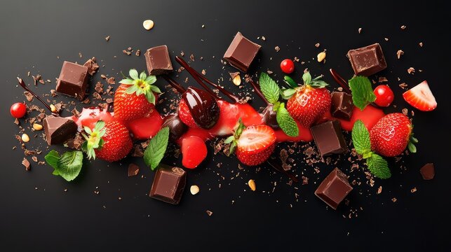 Elegant row of strawberries dipped in dark chocolate with scattered chocolate squares and shavings