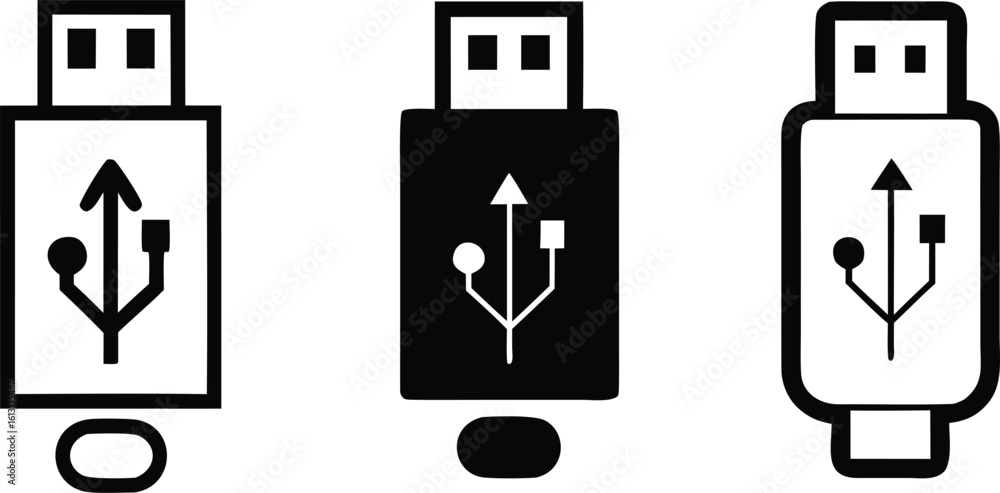 Poster three black usb connectors with universal serial bus symbols technology white vector bundle collecti