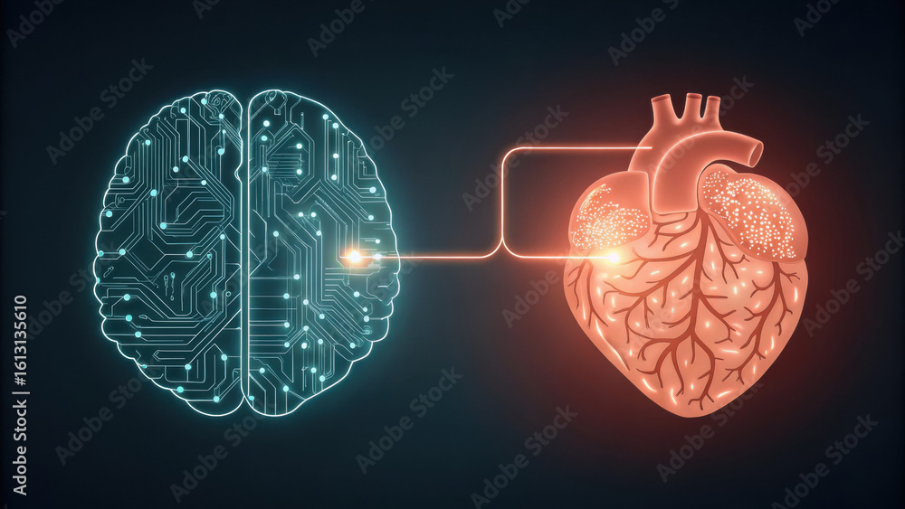 Poster brain composed of circuits is depicted on one side, while glowing heart with intricate patterns is s