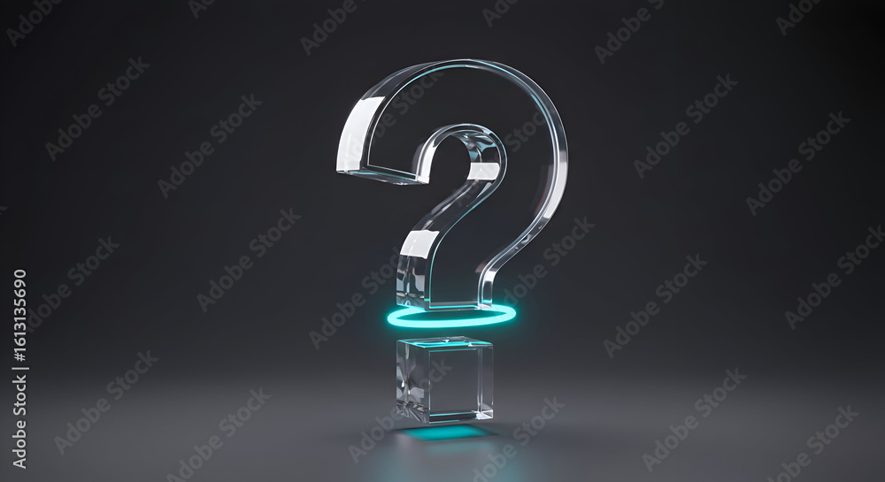 Poster transparent question mark symbol with glowing teal accents on dark background. abstract graphic of a