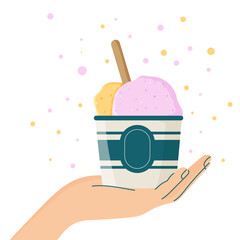 Minimalist vector illustration of a hand holding a blue and beige ice cream cup with strawberry and vanilla scoops