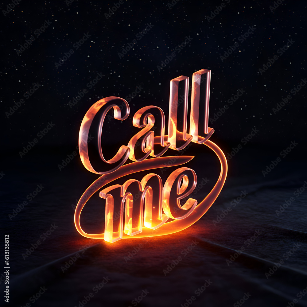 Poster burning call me text graphic with starry night background. 3d rendered stylized text with fiery glow