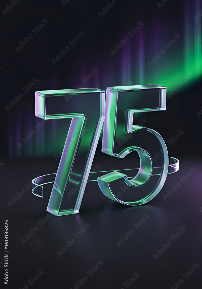 Poster 3d rendering of the number 75 with a glass-like, iridescent effect in a teal-green and purple hue, d