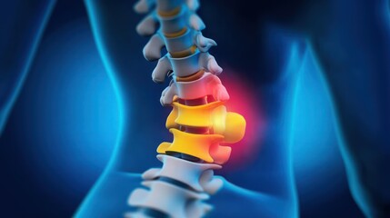 Herniated disc in red and yellow glowing spot shown on the back with glowing effect on a blue background, Lower Back Pain, spine pain, medical issues