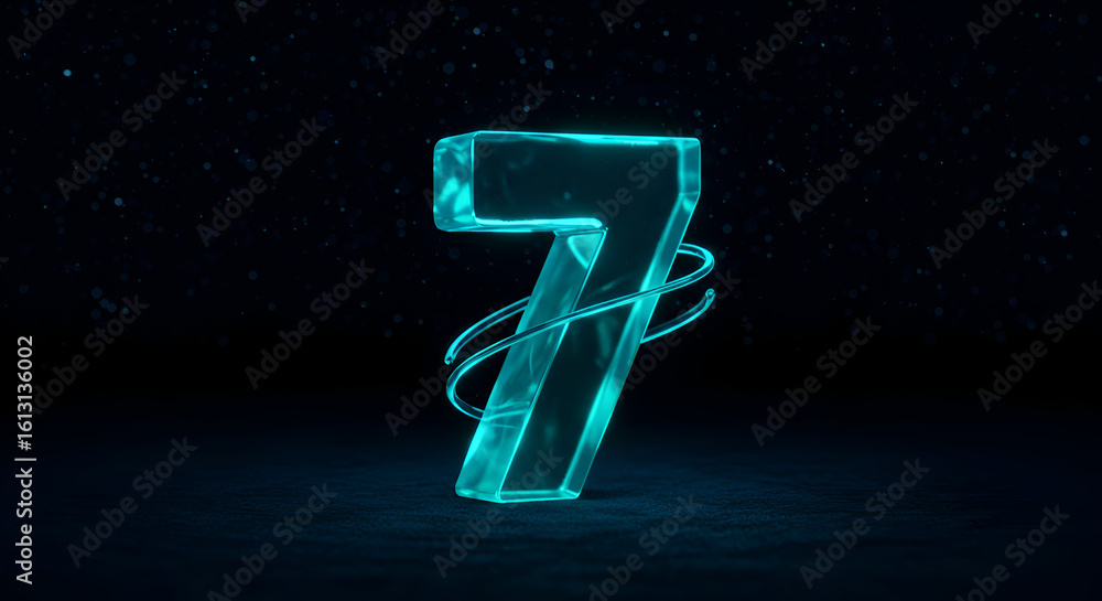 Poster glowing teal number seven on dark background with swirling lights. modern graphic design element wit