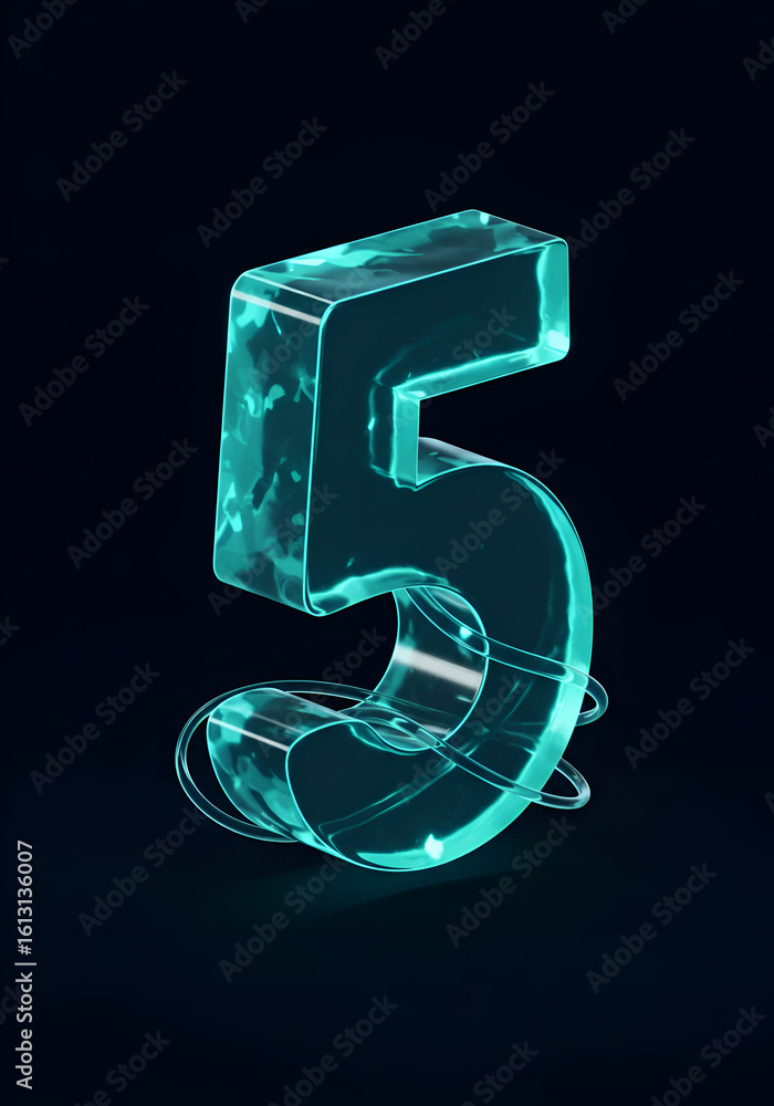 Poster turquoise glowing number five in a 3d abstract design against a black background. digit five with tr