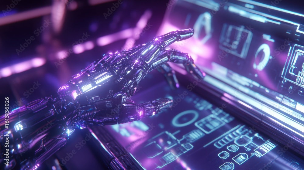 Poster robotic hand interacting with futuristic computer interface indoors