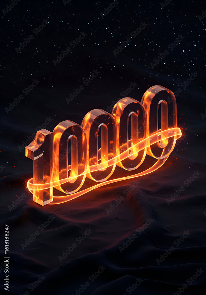 Poster 10000 number with fiery glow in a dark space setting. abstract and dynamic display with fiery trail,