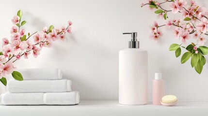 White pump dispenser with minimal label space, flanked by delicate pink blooms and spa towels