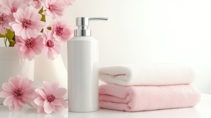 White skincare pump dispenser centered with pastel pink flowers and terry cloth towels, perfect for ads