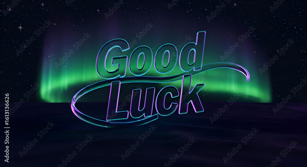 Poster good luck message with vibrant neon colors in a night sky with aurora borealis. display of good luck