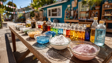 Fototapeta premium A messy outdoor table with bowls of baking soda, bottles of vinegar, food coloring, plastic beakers, and bubbling reactions in progress, evoking playful science and creativity in a sunny backyard.
