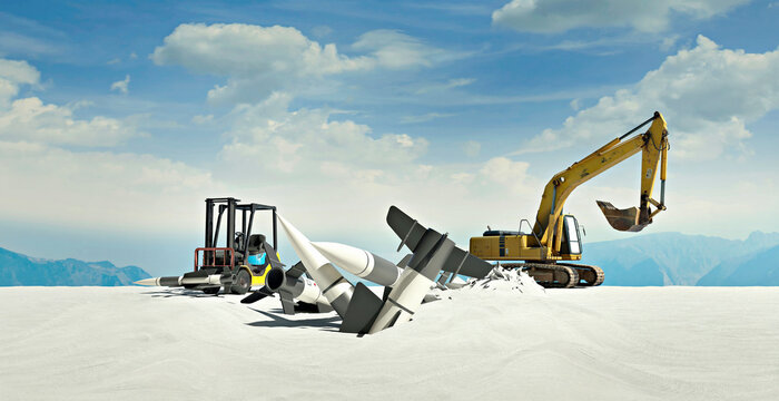 Excavator and forklift entombing military equipment in desert landscape
