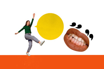 Template graphics collage image of carefree lady making teeth care announcement empty space...