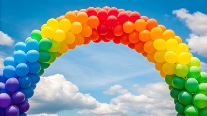 Vibrant rainbow balloon arch against a bright blue sky with clouds
