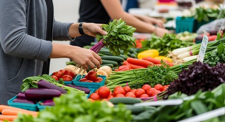 Person's hands selecting fresh, vibrant vegetables at a local farmers' market stall.
