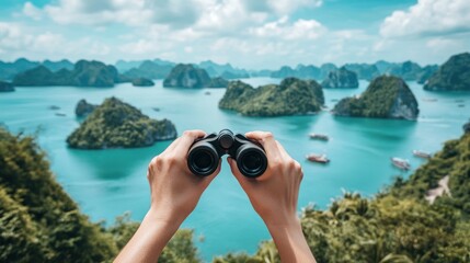 Hands holding binoculars view of a landscape