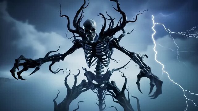 Twisted spectral wraith of branches emerges from swirling storm and lightning, menacing motion through haunted mist