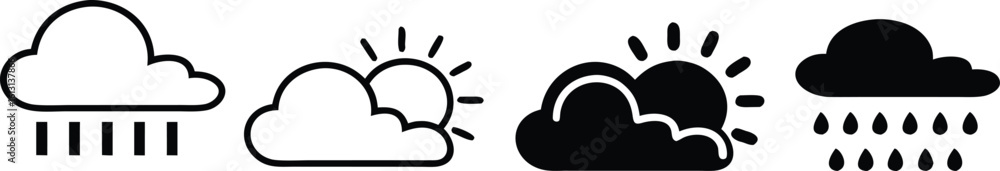 Poster weather icons showing rain and sun with clouds forecast vector bundle collection set pack object tem