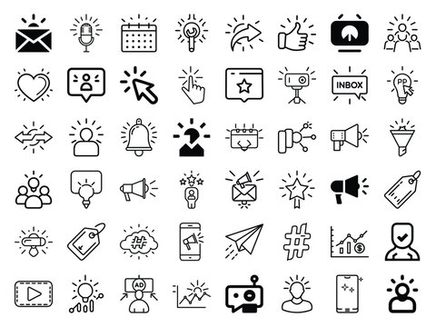 Digital Marketing and Communication Icon Set &ndash; Line Style Vector Pack Featuring Social Media, Email, Engagement, Analytics, SEO, and Content Marketing Elements for Web Design and Business Strategy