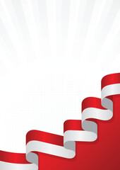 Red and White Wavy Ribbon Background with Sunburst Light Rays and Halftone Effect