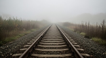 Fototapeta premium Railway tracks vanishing into dense fog offering sense of mystery and journey