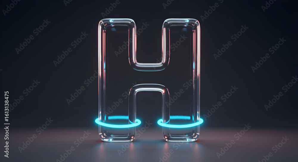 Poster abstract letter h with neon light accents in a studio setting. 3d render of letter h with glowing te