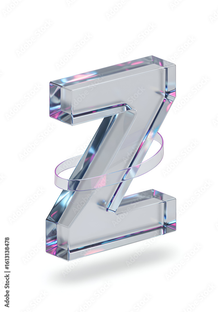 Poster glass letter z with iridescent effect in a studio setting. abstract form with a transparent band aro