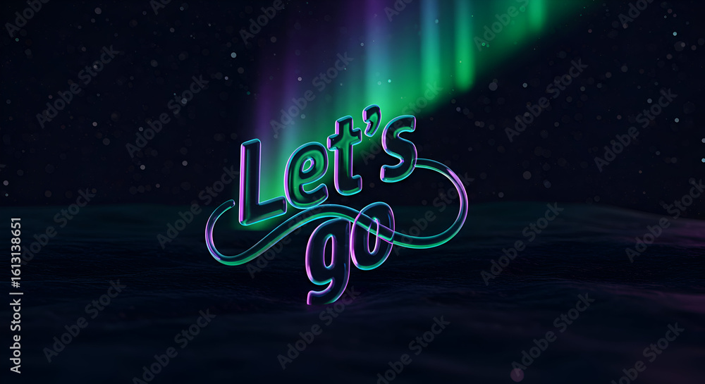 Poster let's go motivational quote with neon colors in a dark night scene with aurora borealis. inspiration