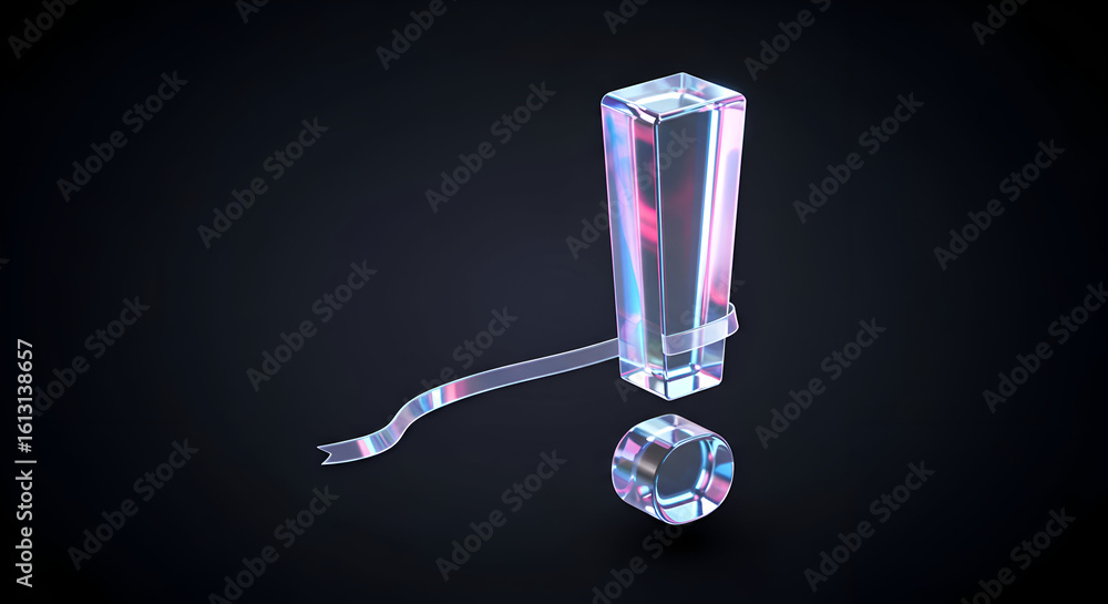 Poster abstract exclamation point graphic with iridescent qualities in a dark background. 3d rendered graph