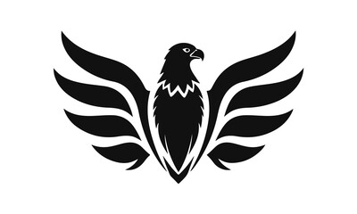 Eagle logo template. Black and white silhouette of an eagle with spread wings. Symmetrical and stylish logo, perfect for branding and emblems