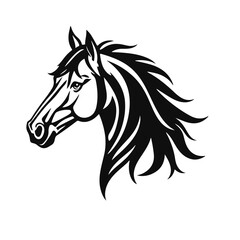 Horse logo template. Black and white silhouette of a horse head with a graceful mane. Elegant minimalist logo for branding, design and printing