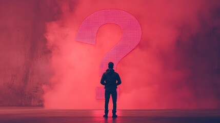 Silhouette figure facing a large pink question mark