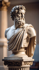 Fototapeta premium A classical marble bust depicts a bearded man in a draped toga, showcasing exquisite craftsmanship and historical artistry.