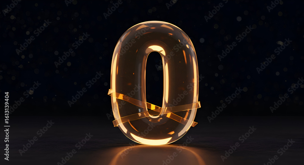 Poster glowing golden zero with golden ribbon in dark background. abstract number design with decorative go