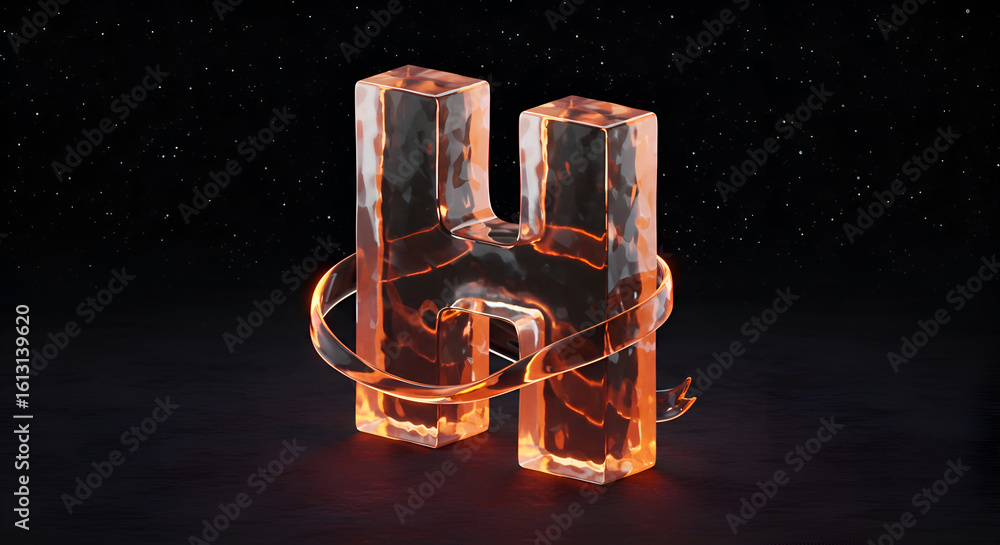 Poster glass letter h with glowing ribbon in a dark starry background. abstract design element with a graph