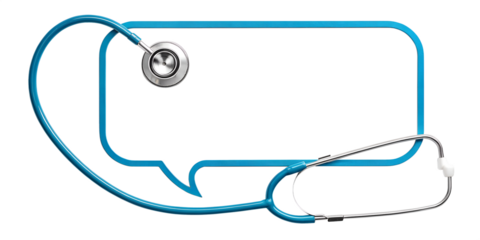 A stethoscope draped around a speech bubble. The stethoscope is a vibrant blue, and its earpieces and diaphragm are visible. The speech bubble, outlined in the same blue as the stethoscope.