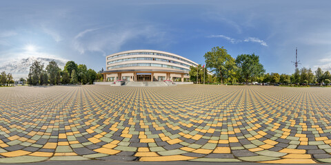 seamless spherical hdri 360 panorama view on square near residential area with multi-storey and office building and urban development in equirectangular projection, AR VR content