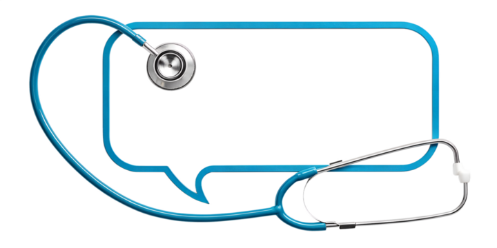A stethoscope draped around a speech bubble. The stethoscope is a vibrant blue, and its earpieces and diaphragm are visible. The speech bubble, outlined in the same blue as the stethoscope.
