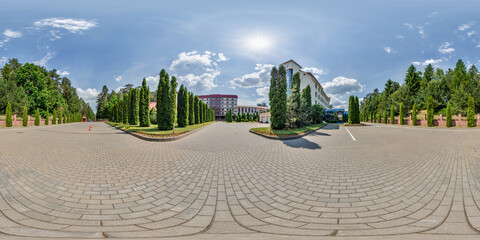 seamless spherical hdri 360 panorama view on square near residential area with multi-storey and office building and urban development in equirectangular projection, AR VR content
