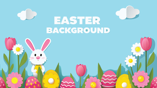 Easter themed illustration with a bunny, flowers, easter eggs and clouds on a light blue background design - Powered by Adobe