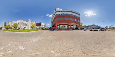 seamless spherical hdri 360 panorama view on square near residential area with multi-storey and office building and urban development in equirectangular projection, AR VR content